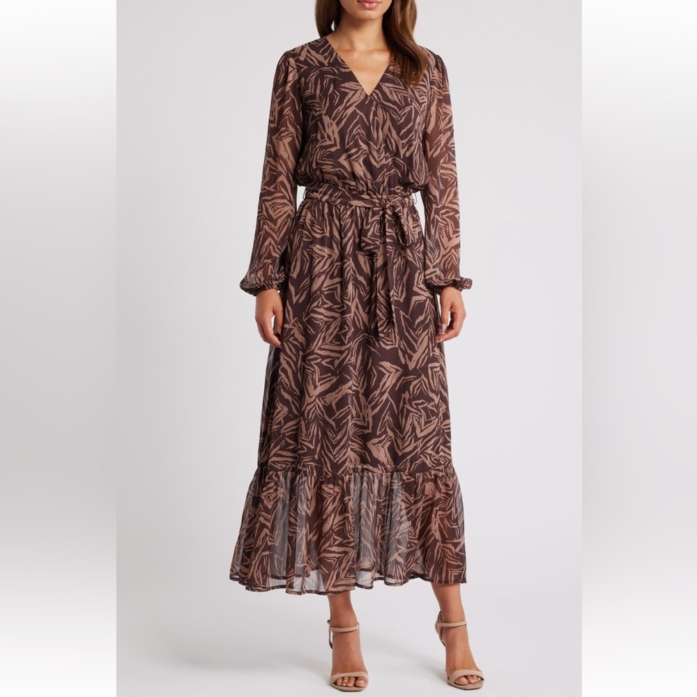 Chelsea28 Brown Long Sleeve Faux Wrap Dress